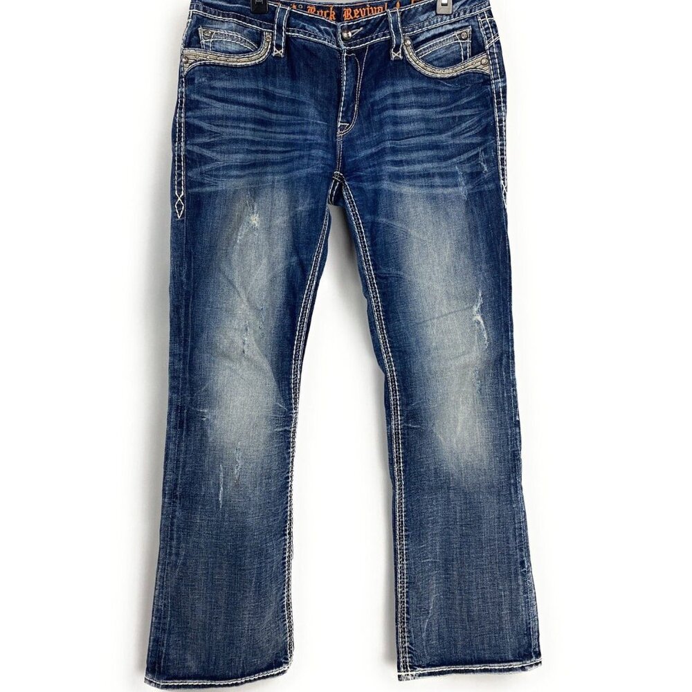 Rock Revival Womens Boot Denim Distressed Jeans Rhinestone Eleanor Size 32 x 31